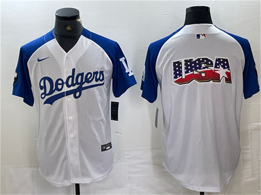 Men's White/Blue Los Angeles Dodgers Team Big Logo Vin Patch Cool Base Stitched Baseball Jersey